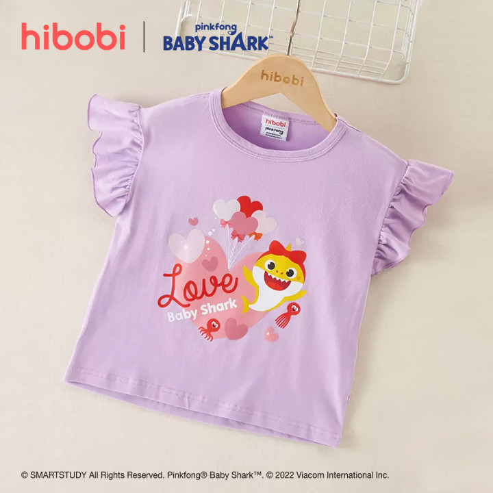 hibobi x Baby Shark Toddler Girl Sweet Cartoon Printing Fly Sleeves Cu