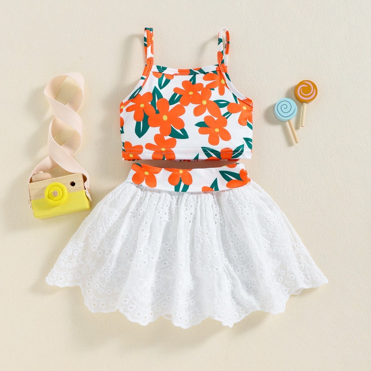 Toddler Girls Umbrella Skirt Floral Sleeveless Lace Top & Skirt Wholesale