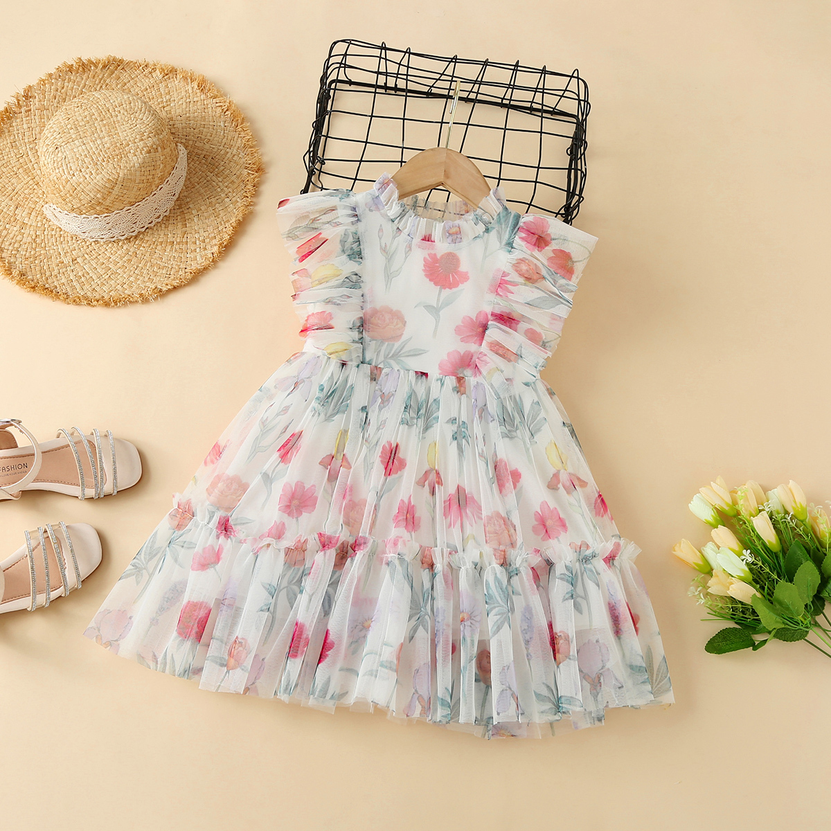 Toddler Girl Floral Mesh Princess Dress Wholesale-Baby Clothes Dress -babiesclotheswholesale