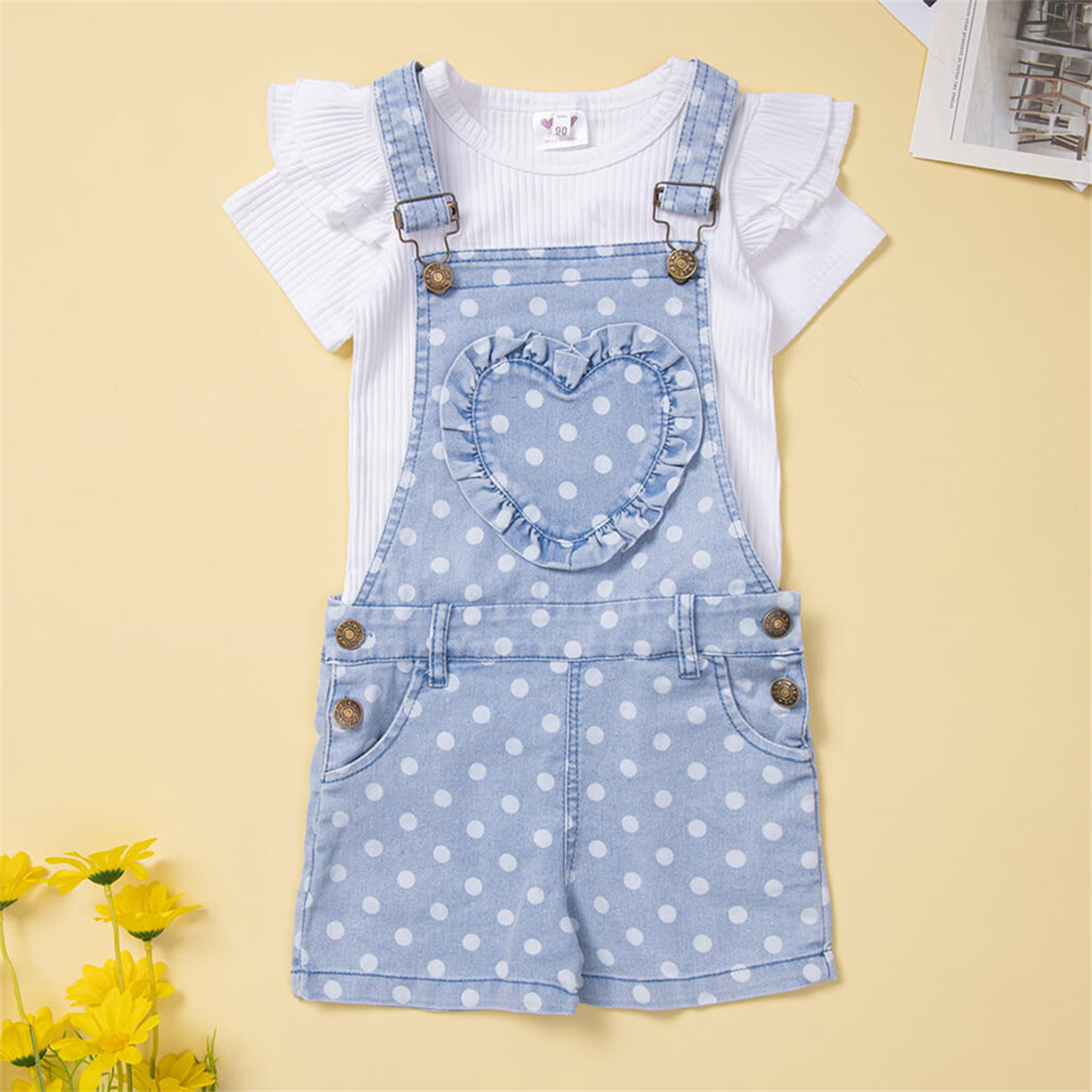 Toddler Girl Polka dot Solid Heart-shaped Top & Overalls Wholesale-Baby Clothes Suit -babiesclotheswholesale