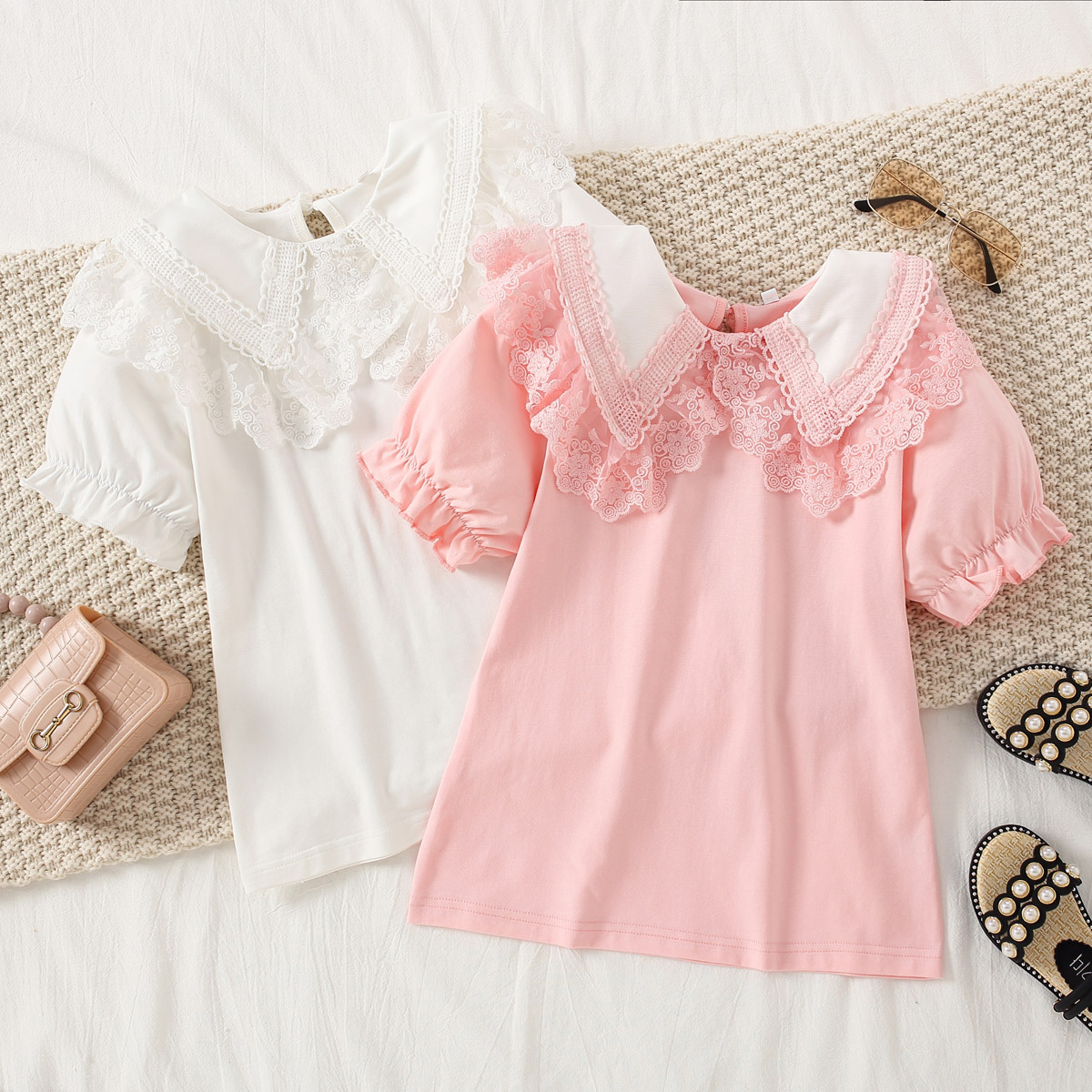 Kids Girls Summer Cute Lace Cotton Shirt Wholesale