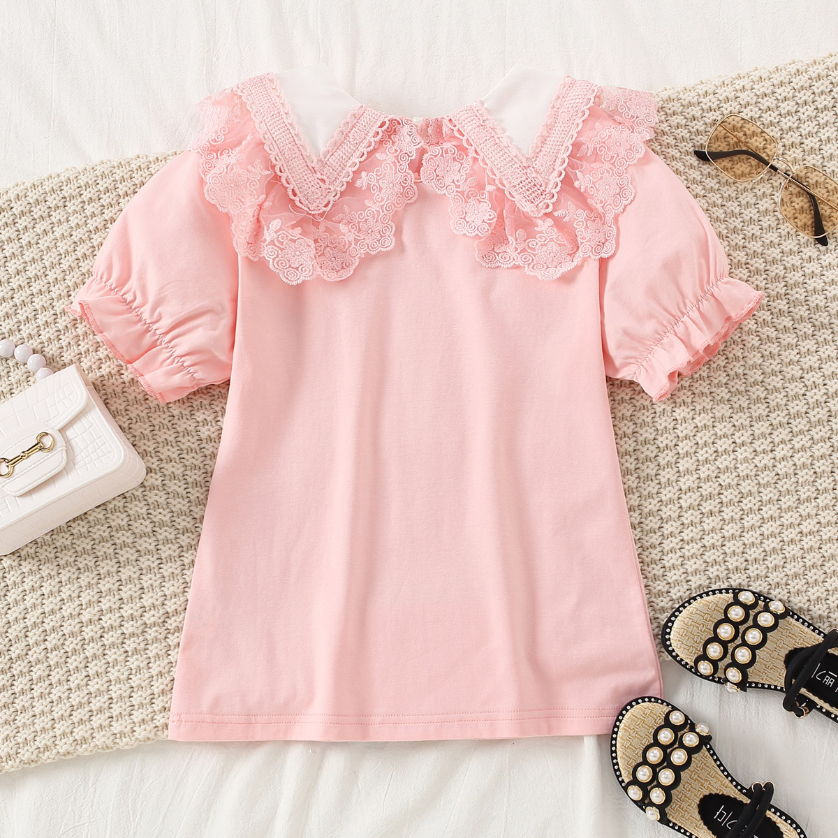 Kids Girls Summer Cute Lace Cotton Shirt Wholesale