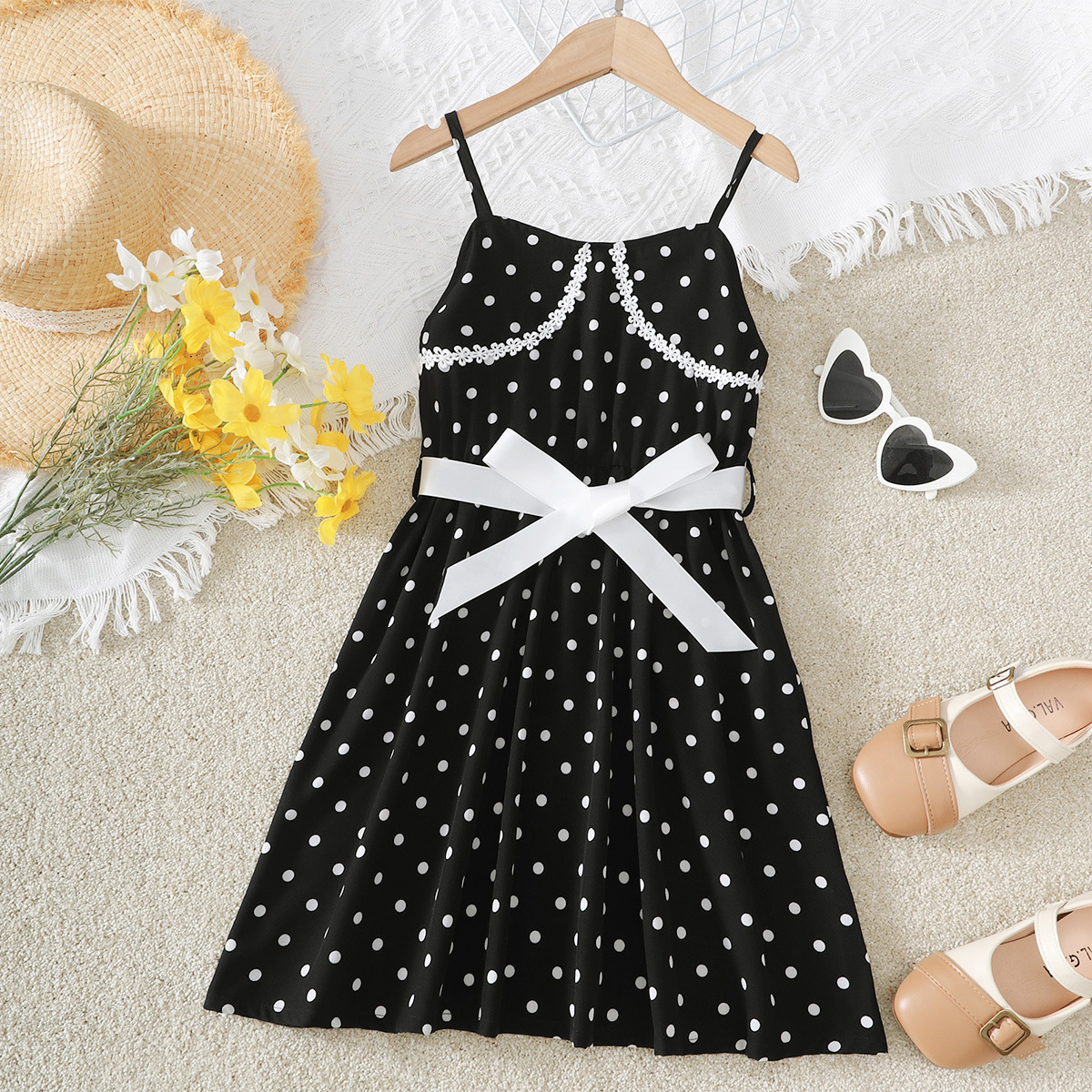 Kids Girls Summer Sweet Bowknot Polka Dot Slip Dress Wholesale