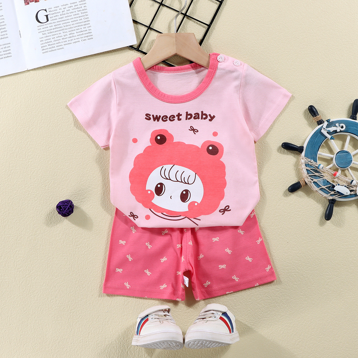 Toddler Girls Cotton Cartoon Top & Shorts Pajamas Sets Wholesale-Baby Clothes Intimates/Pajamas Pajamas Sets -babiesclotheswholesale